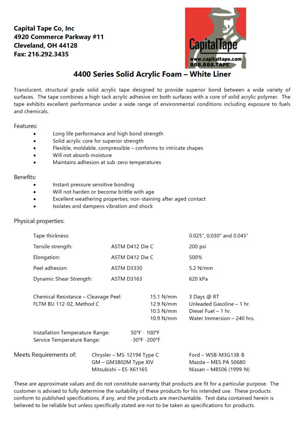 4400 Series Acrylic Foam Tape | 4400 Ultra High Bond Tape | Capital Tape