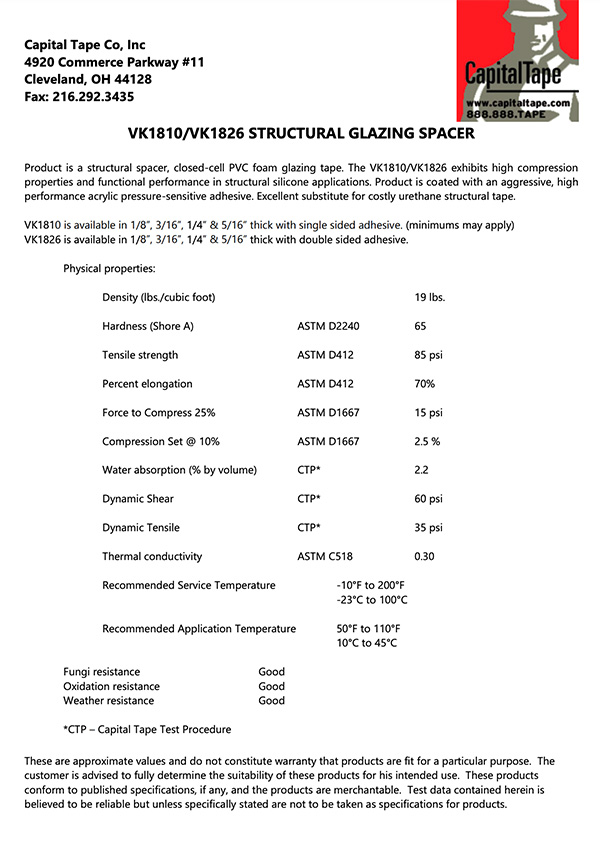 VK Series Tape Data Sheet | VK Series Glazing Tape Data Sheet Capital Tape