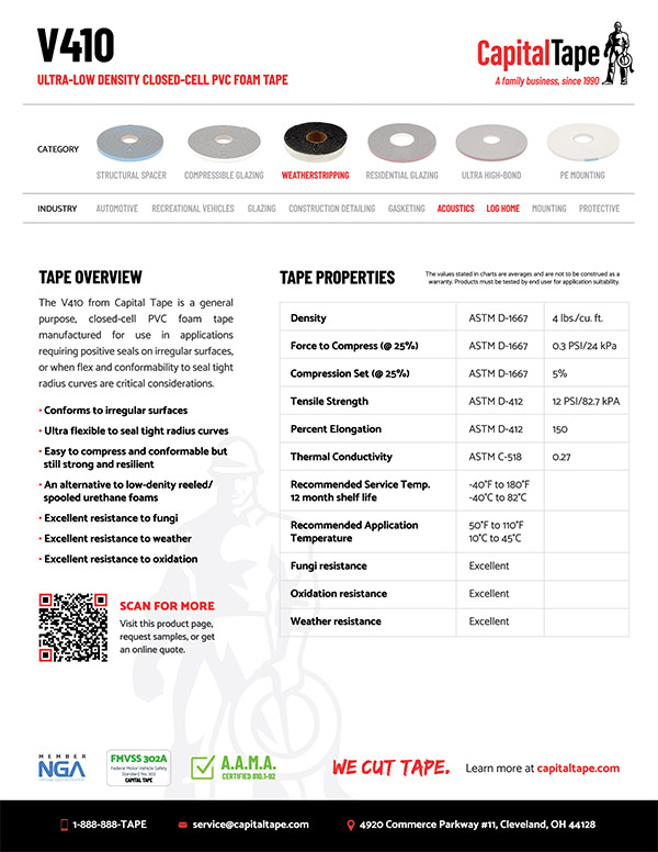 V410 PVC Foam Tape | Ultra-Low Density Foam Tape | Log Cabin Tape | Capital Tape